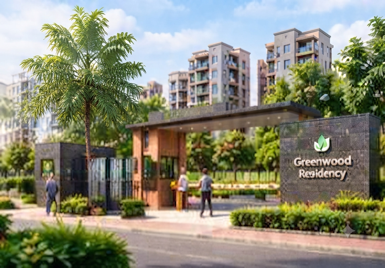Landscaped entrance and security gate at Greenwood Residency apartments