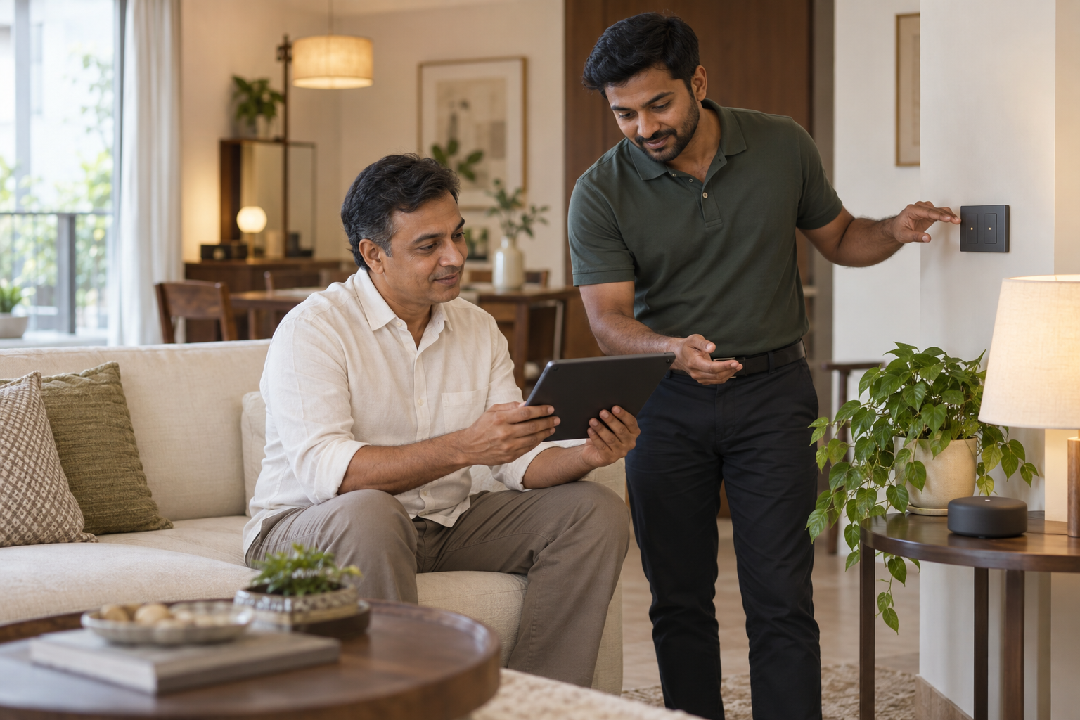 A specialist helping a resident understand a tablet and connected devices in a modern apartment