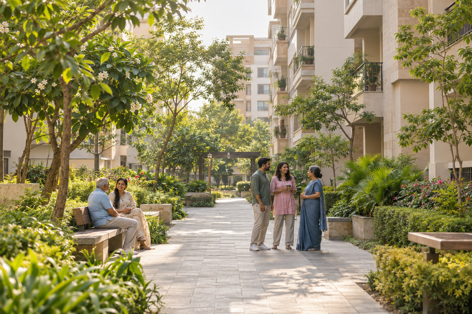 Residents spending time together in a landscaped community