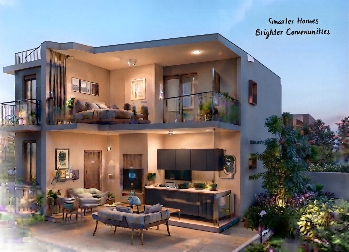 Cutaway of a modern connected home with warm lighting, living spaces and a garden